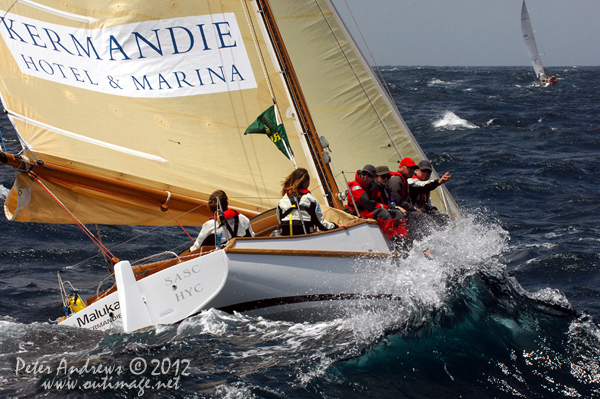 Sean Langman's 9.1 metre gaff-rigged Ranger, Maluka of Kermandie, outside the heads of Sydney Harbour after the start of the 2012 Sydney Hobart Yacht Race. Photo copyright Peter Andrews, Outimage Australia.