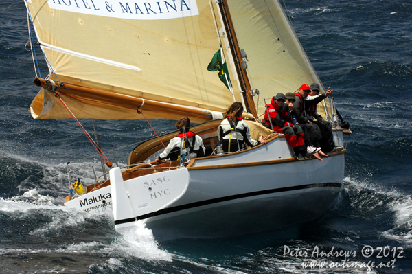 Sean Langman's 9.1 metre gaff-rigged Ranger, Maluka of Kermandie, outside the heads of Sydney Harbour after the start of the 2012 Sydney Hobart Yacht Race. Photo copyright Peter Andrews, Outimage Australia.