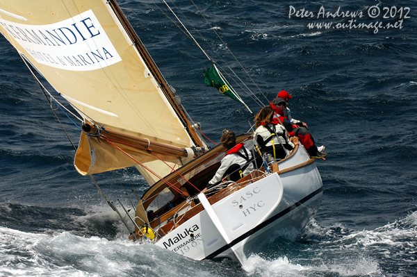 Sean Langman's 9.1 metre gaff-rigged Ranger, Maluka of Kermandie, outside the heads of Sydney Harbour after the start of the 2012 Sydney Hobart Yacht Race. Photo copyright Peter Andrews, Outimage Australia.