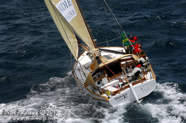 Sean Langman's 9.1 metre gaff-rigged Ranger, Maluka of Kermandie, outside the heads of Sydney Harbour after the start of the 2012 Sydney Hobart Yacht Race. Photo copyright Peter Andrews, Outimage Australia.