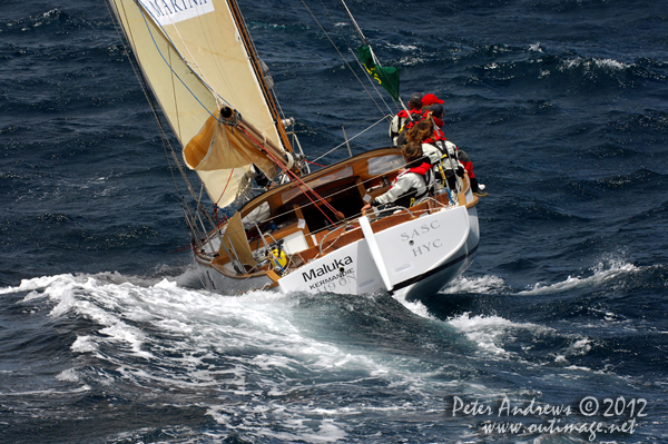 Sean Langman's 9.1 metre gaff-rigged Ranger, Maluka of Kermandie, outside the heads of Sydney Harbour after the start of the 2012 Sydney Hobart Yacht Race. Photo copyright Peter Andrews, Outimage Australia.