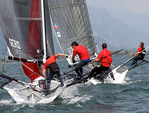 Racing during the 2010 Italian 18ft Skiff Grand Prix on Lake Iseo, Lovere, Italy.