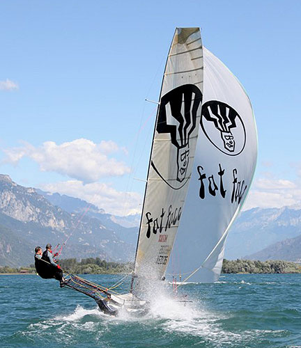 Racing during the 2010 Italian 18ft Skiff Grand Prix on Lake Iseo, Lovere, Italy.