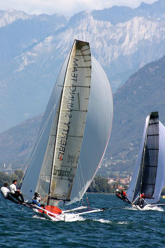 Racing during the 2010 Italian 18ft Skiff Grand Prix on Lake Iseo, Lovere, Italy.