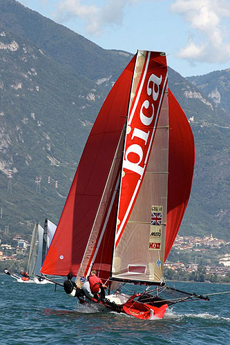 Racing during the 2010 Italian 18ft Skiff Grand Prix on Lake Iseo, Lovere, Italy.