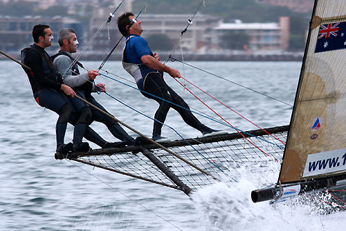 The Smeg crew in action on a spinnaker run during the 18 Footers Mick Scully Memorial Trophy on Sydney Harbour, October 24, 2010. Photo copyright the Australian 18 Footers League.