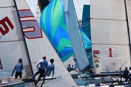 Another yacht barges through the middle of the start of Race 3 of the New South Wales Championship on Sydney Harbour. Photo copyright The Australian 18 Footers League.