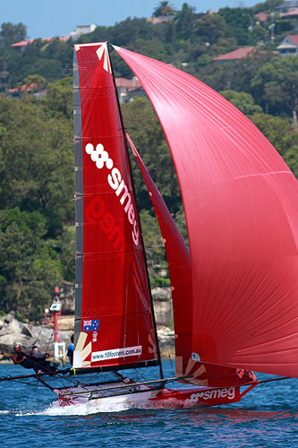 The Smeg team of Trevor Barnabas, Dan Phillips and Dave Ewings won Race 1 of the Australian 18 foot Skiff Championship on Sydney Harbour. Photo copyright The Australian 18 Footers League.