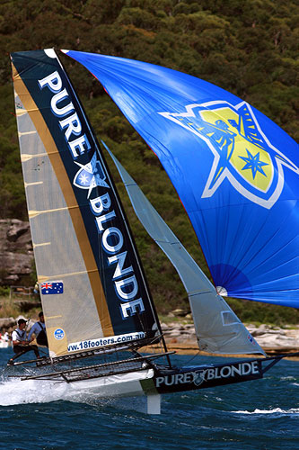 Pure Blonde, during Race 3 of the Australian 18 foot Skiff Championship on Sydney Harbour. Photo copyright Australian 18 Footers League.