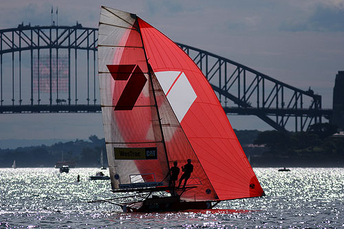 The Gotta Love It 7 crew of Seve Jarvin, Sam Newton and Scott Babbage, during Ferry Patrons Trophy Race on Sydney Harbour. Photo copyright Australian 18 Footers League.