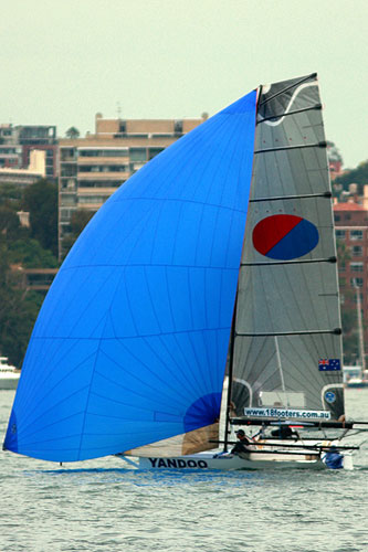 John Winning, Andrew Hay and Dave Gibson brought Yandoo home for the win in Race 13 of the Club Championship Race. Photo copyright Australian 18 Footers League.