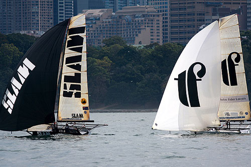 Thurlow Fisher Lawyers (Michael Coxon) and SLAM (Grant Rollerson) took second and third placings, in Race 13 of the Club Championship Race. Photo copyright Australian 18 Footers League.