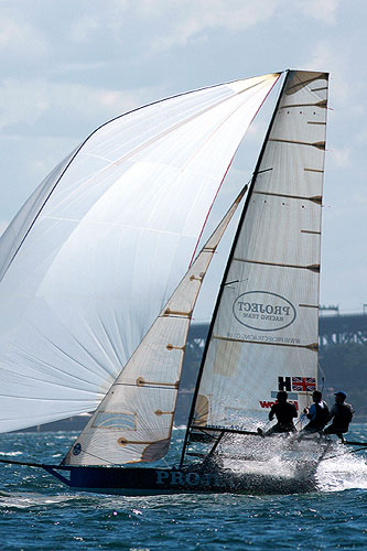 United Kingdom’s Andy Budgen and his Hyde Sails team of Dan Wilsdon and Matt Wark, had to come from behind to take victory in Race 3 of the Winning Appliances - JJ Giltinan 18ft Skiff Championship on Sydney Harbour, Sunday March 8, 2011. Photo copyright Australian 18 Footers League.