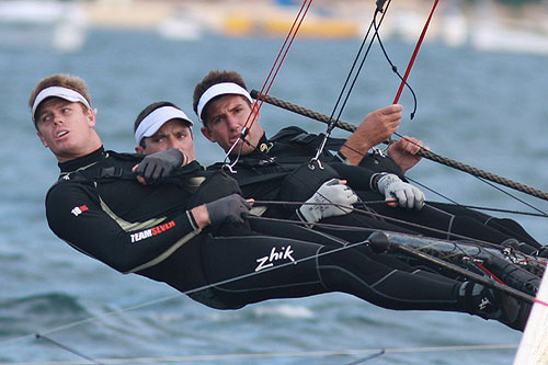 The winning crew of Seve Jarvin and his Gotta Love It 7 team of Sam Newton and Scott Babbage, during Race 6 of the Winning Appliances - JJ Giltinan 18ft Skiff Championship on Sydney Harbour, Saturday March 12, 2011. Photo copyright Australian 18 Footers League.