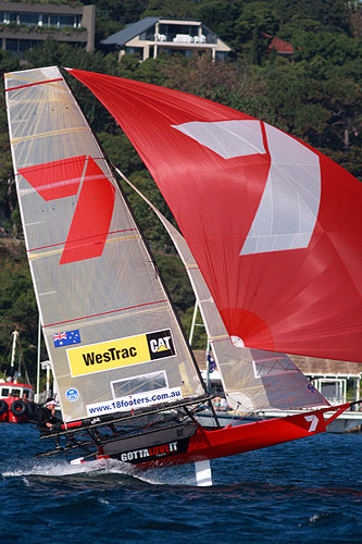 The winning crew of Seve Jarvin and his Gotta Love It 7 team of Sam Newton and Scott Babbage, during Race 7 of the Winning Appliances - JJ Giltinan 18ft Skiff Championship on Sydney Harbour, Sunday March 13, 2011. Photo copyright Australian 18 Footers League.