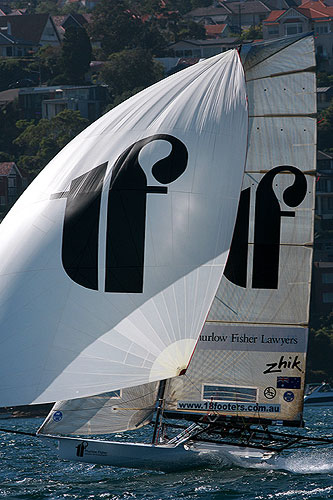 Runner up in the series, Thurlow Fisher Lawyers, during Race 7 of the Winning Appliances - JJ Giltinan 18ft Skiff Championship on Sydney Harbour, Sunday March 13, 2011. Photo copyright Australian 18 Footers League.