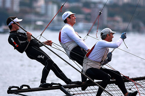 Smiles all around for the winning crew, during Race 14 of the Australian 18 Footers League Club Championship on Sydney Harbour. Photo copyright Australian 18 Footers League.