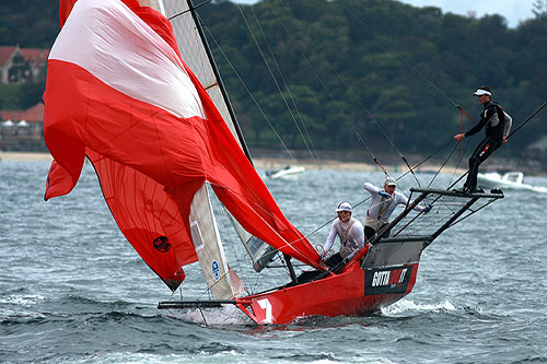 Mark rounding under spinnaker, during Race 14 of the Australian 18 Footers League Club Championship on Sydney Harbour. Photo copyright Australian 18 Footers League.