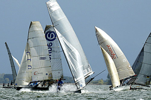 Fleet action, during Round 1 of the German 18 Foot Skiff Tour 2011. Photo copyright German 18ft Skiff Association.