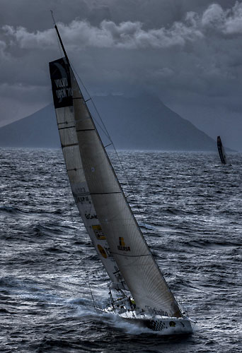 Fabio Mangifesta's V70  Intermatica, passing Stromboli Volcano, Sicily, October 18, 2009, during the Rolex Middle Sea Race 2009. Photo copyright Carlo Borlenghi.