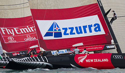 Auckland, 19-03-2010. Azzurra vs Emirates Team New Zealand, during the Louis Vuitton Trophy in Auckland 2010. Photo copyright Stefano Gattini of Studio Borlenghi and Azzurra.