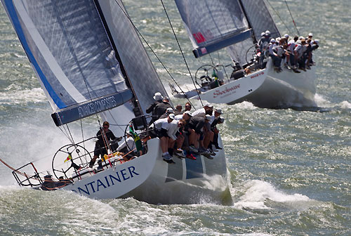 St Tropez, 16/06/10. Giraglia Rolex Cup 2010, Start in Saint Tropez, Container chasing Shockwave. Photo copyright Carlo Borlenghi.