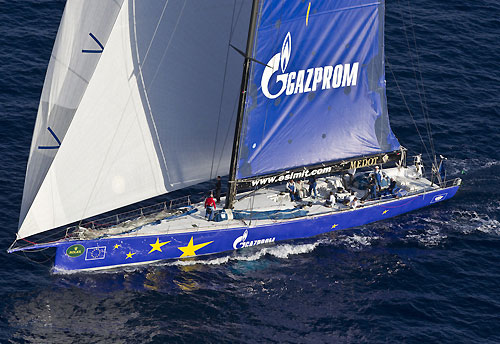 Esimit Europa, first boat passing Stromboli Island during the Rolex Middle Sea Race 2010. October 23, 2010. Photo &copy; Carlo Borlenghi.
