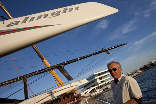 Valencia, Spain, February 6, 2010. Loick Peron with Alinghi 5 going back in the water. Photo copyright Carlo Borlenghi, Alinghi.