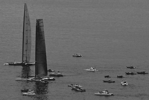 Valencia, Spain, February 8, 2010. Day one Alinghi 5 and BMW Oracle waiting for some wind during the 33rd America’s Cup. Photo copyright Carlo Borlenghi, Alinghi.