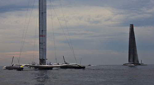 Valencia, Spain, February 8, 2010. Day one Alinghi 5 and BMW Oracle waiting for some wind during the 33rd America’s Cup. Photo copyright Guido Trombetta, Alinghi.