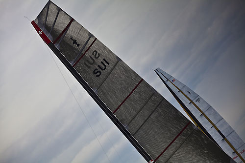 Valencia, Spain, February 8, 2010. Day one Alinghi 5 and BMW Oracle waiting for some wind during the 33rd America’s Cup. Photo copyright Guido Trombetta, Alinghi.