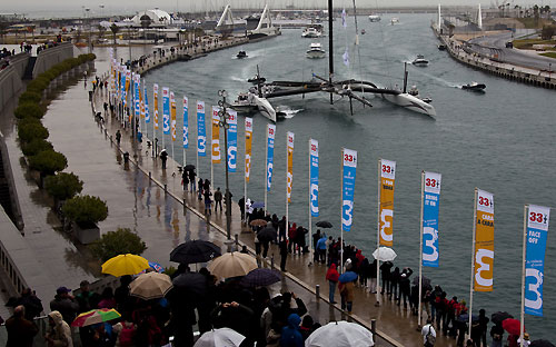 Valencia, Spain, February 6, 2010. Alinghi 5 returns to the dock after a day out the water waiting for wind. Photo copyright Luca Buttò, Alinghi.