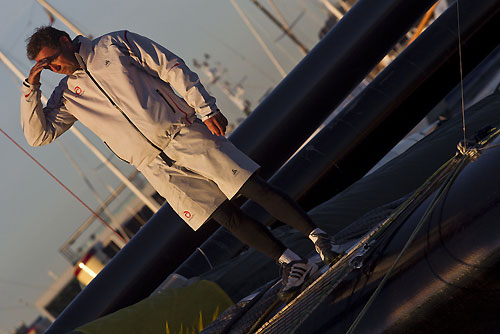 Valencia, Spain, February 10, 2010. Jan Dekker of Alinghi 5, dock side on day 3, Race 1 of the 33rd America's Cup. Photo copyright Carlo Borlenghi, Alinghi.