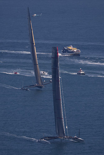 Valencia, Spain, February 12, 2010. Alinghi 5 with an early lead over USA 17, on day 5 during Race 1, of the 33rd America's Cup. Photo copyright Carlo Borlenghi / Alinghi.