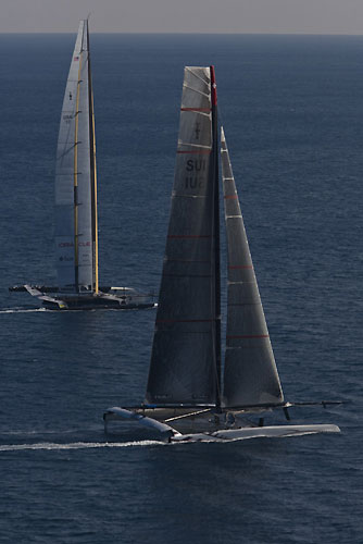 Valencia, Spain, February 12, 2010. Alinghi 5 and USA 17 on during day 5, during Race 1 of the 33rd America's Cup. Photo copyright Carlo Borlenghi / Alinghi.