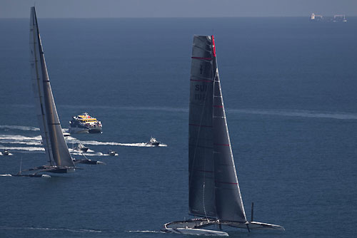 Valencia, Spain, February 12, 2010. Alinghi with an early lead over USA 17, on day 5 during Race 1 of the 33rd America's Cup. Photo copyright Guido Trombetta / Alinghi.