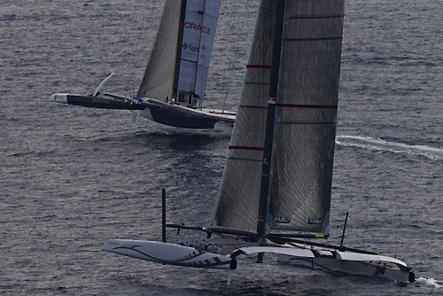 Valencia, Spain, February 14, 2010. Day 7, USA17 ahead of Alinghi during Race 2 of the 33rd America's Cup. Photo copyright Carlo Borlenghi / Alinghi.