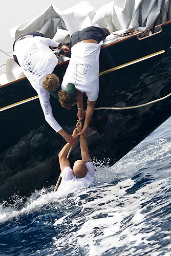 Man overboard from the J-Class Shamrock V, during the Portofino Rolex Trophy 2001, Portofino, Italy. Photo copyright Rolex and Carlo Borlenghi.