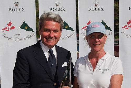 Gian Riccardo Marini, CEO of Rolex SA and Elizabeth Meyer from the J-Class Shamrock V, during the Portofino Rolex Trophy 2001, Portofino, Italy. Photo copyright Rolex and Carlo Borlenghi.