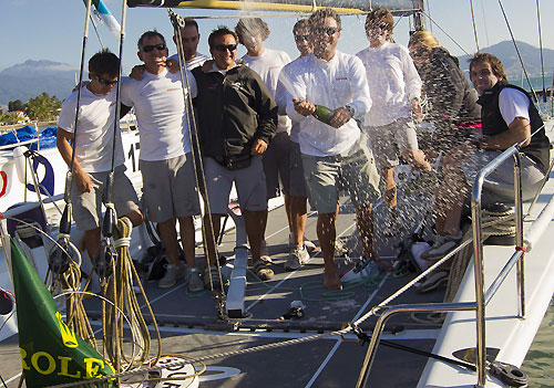 Celebrations onboard Pablo Despotin's Soto 40 Pisco Sour (CHI), during the Rolex Ilhabela Sailing Week 2011. Pisco Sour (CHI), com banho de champanhe para celebrar o título da 38ª Rolex Ilhabela Sailing Week. Photo copyright Rolex and Carlo Borlenghi.