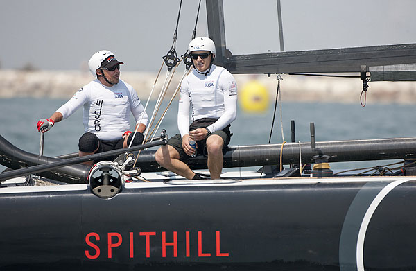 Venezia (Venice Italy), 12/05/12. CEO of Oracle Larry Ellison on board Oracle 4 with James Spithill, during the America's Cup World Series in Venice. Photo copyright Carlo Borlenghi and Luna Rossa.