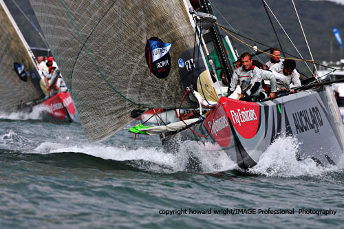 Azzurra (Italy) vs Artemis (Sweden) in the Louis Vuitton Trophy on New Zealand's spectacular Waitemata Harbour. Photo copyright Howard Wright 2010.