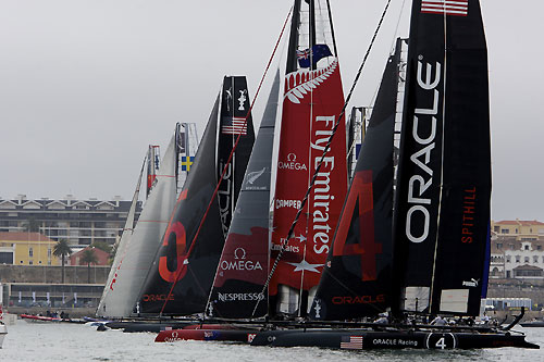 Fleet start on Day 1 of the America's Cup World Series, Cascais, Portugal, August 6-14, 2011. Photo copyright Morris Adant.