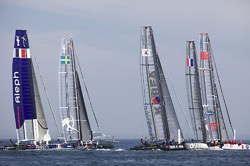 Fleet racing on Day 3 of the America's Cup World Series, Cascais, Portugal, August 6-14, 2011. Photo copyright Morris Adant.