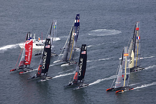 Fleet racing on Day 5 of the America's Cup World Series, Cascais, Portugal, August 6-14, 2011. Photo copyright Morris Adant.