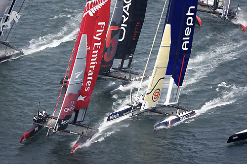 Fleet racing on Day 5 of the America's Cup World Series, Cascais, Portugal, August 6-14, 2011. Photo copyright Morris Adant.