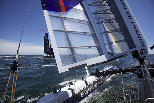 On board Bertrand Pacs Aleph at the America's Cup World Series, Cascais, Portugal, August 6-14, 2011. Photo copyright Morris Adant.