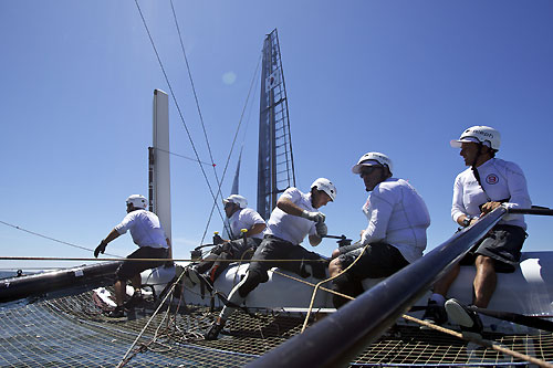 On board Bertrand Pacs Aleph at the America's Cup World Series, Cascais, Portugal, August 6-14, 2011. Photo copyright Morris Adant.