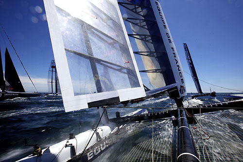 On board Bertrand Pacé’s Aleph at the America's Cup World Series, Cascais, Portugal, August 6-14, 2011. Photo copyright Morris Adant.