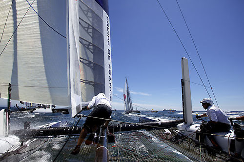 On board Bertrand Pacs Aleph at the America's Cup World Series, Cascais, Portugal, August 6-14, 2011. Photo copyright Morris Adant.